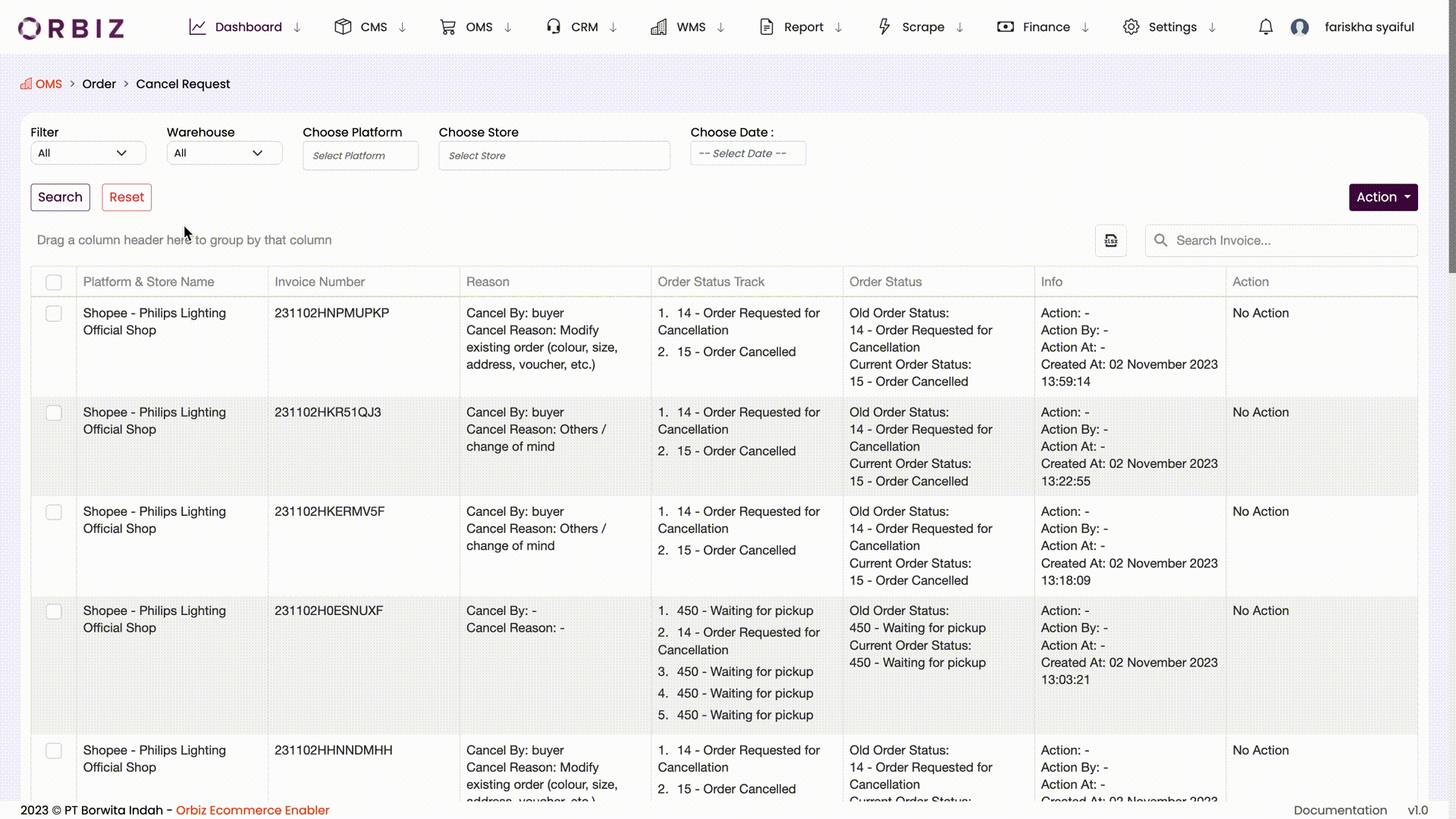 Selected Cancel Request List