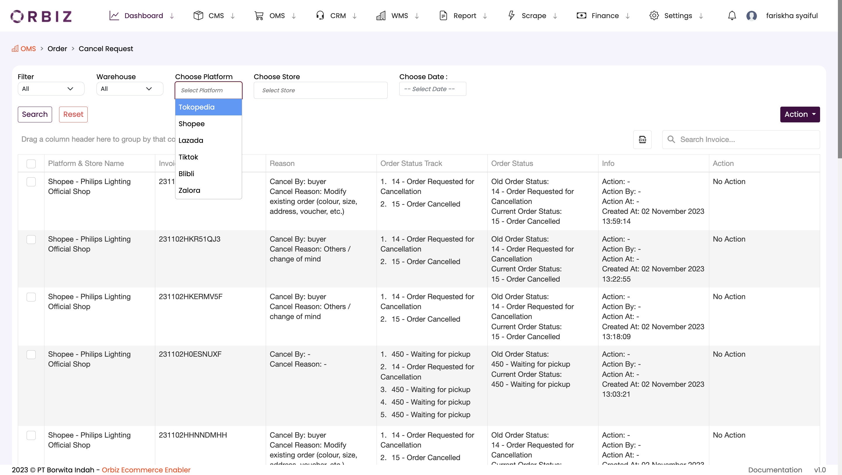 Cancel Request List Choose Platform