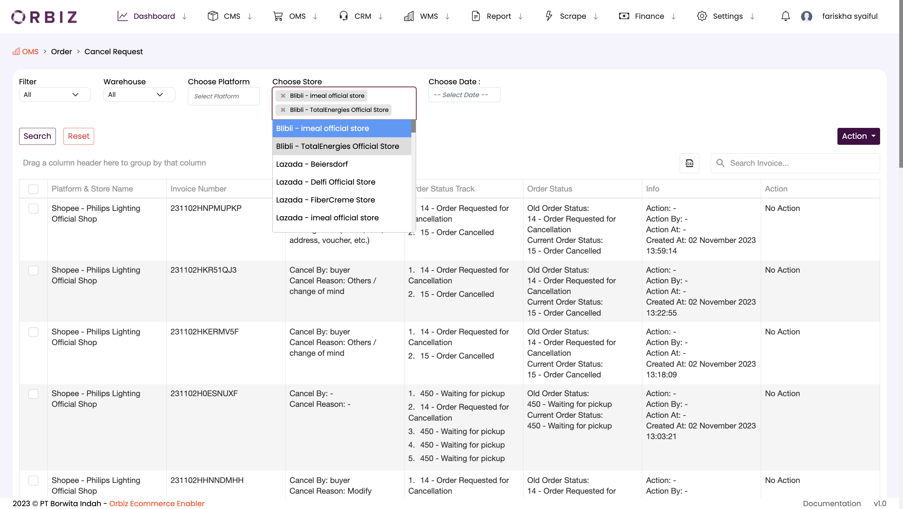 Cancel Request List Choose Store