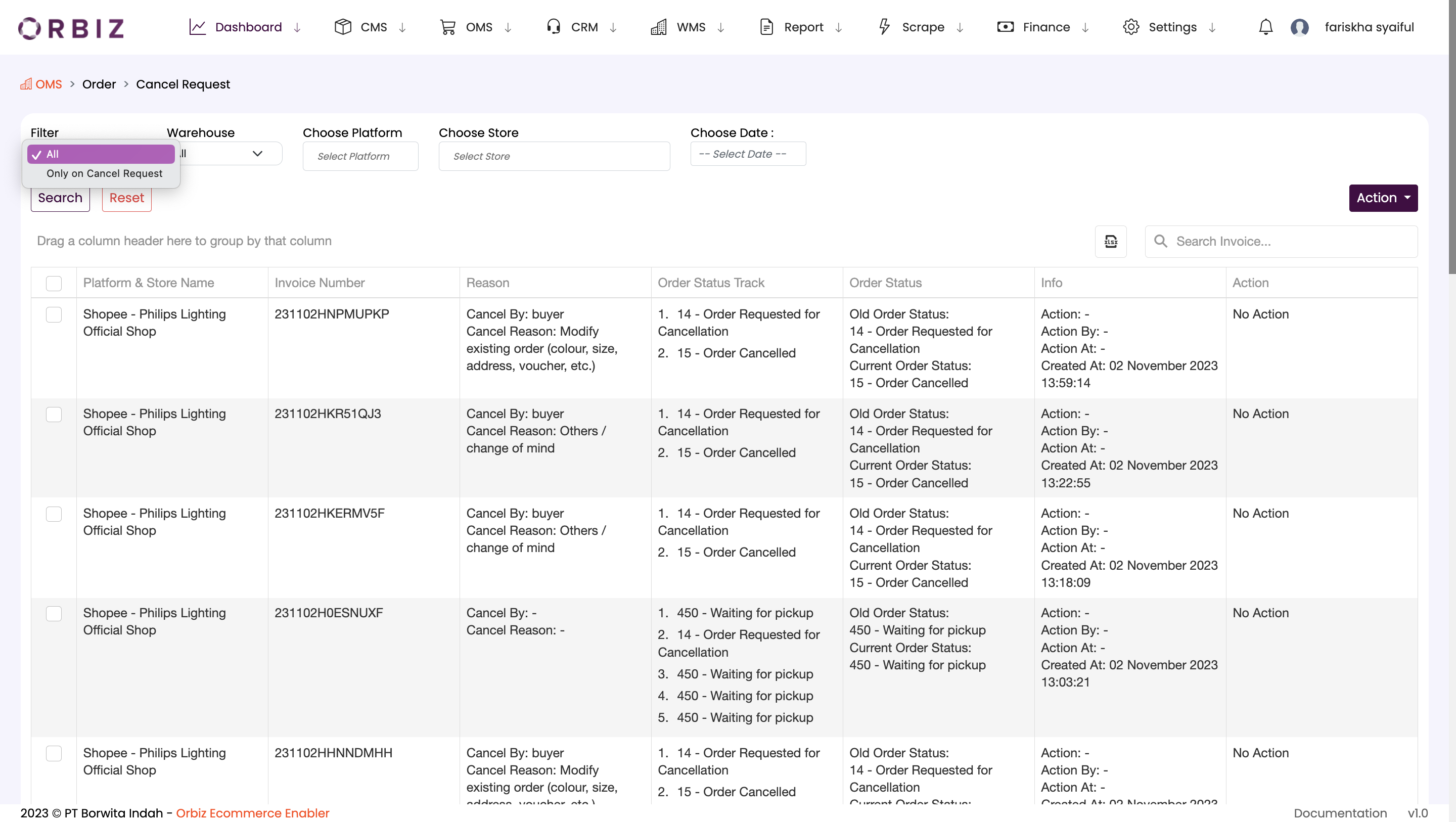 Cancel Request List Filter