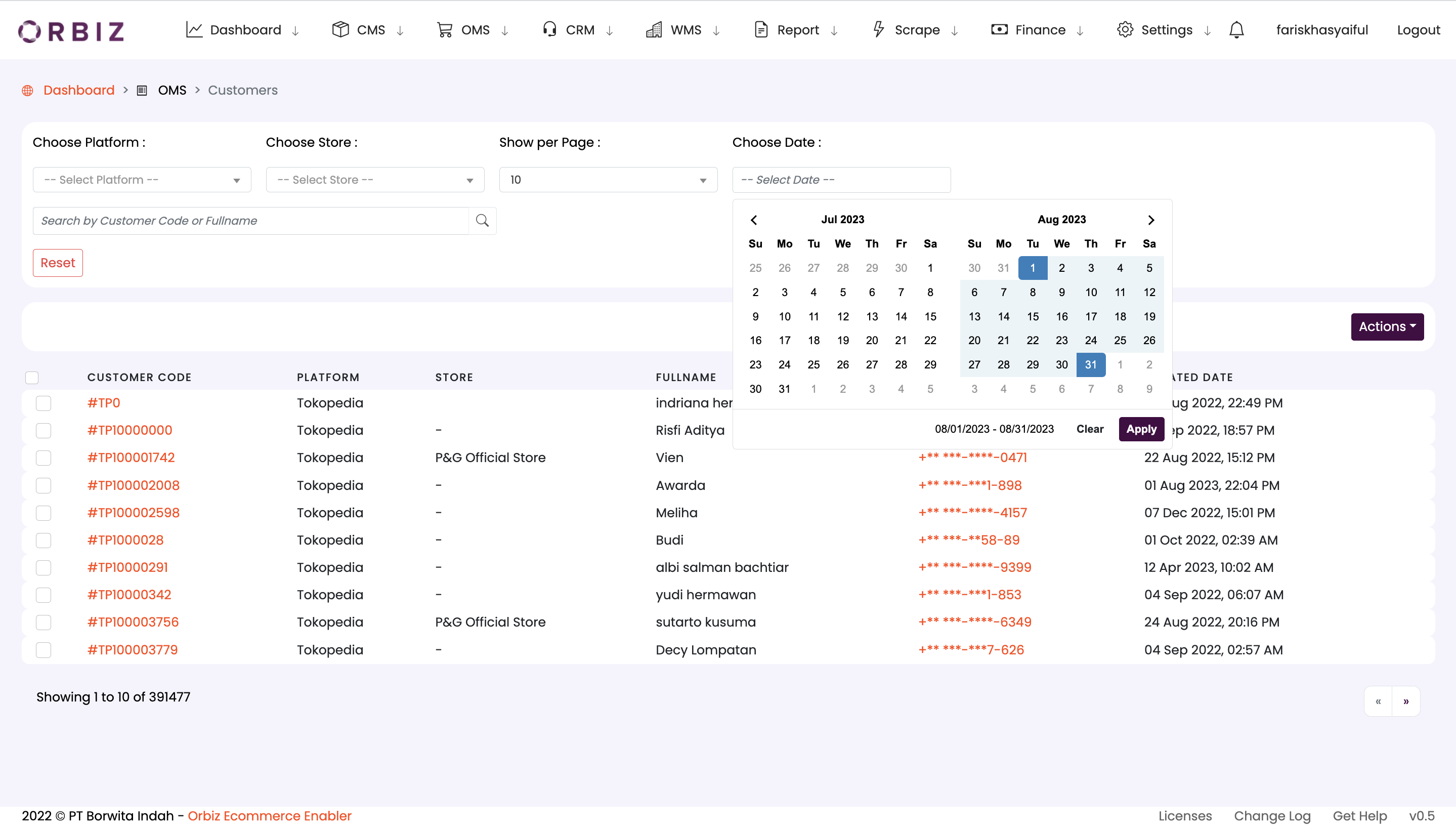 Customer List Choose Date