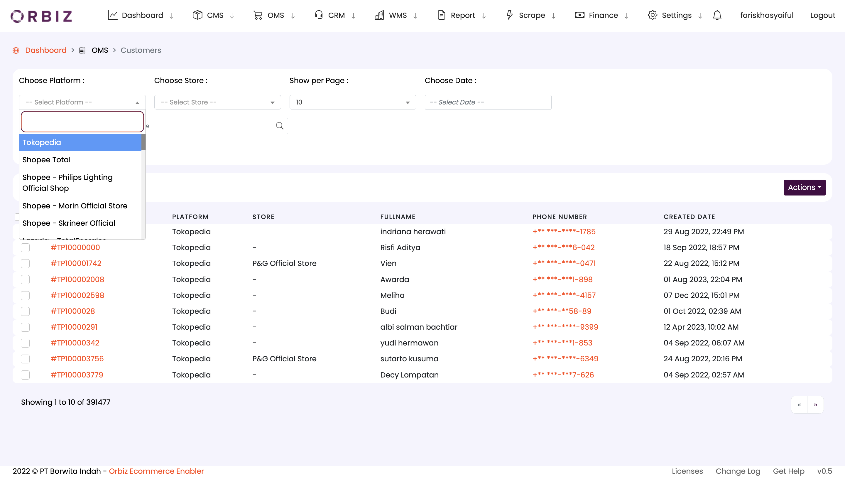 Customer List Choose Store