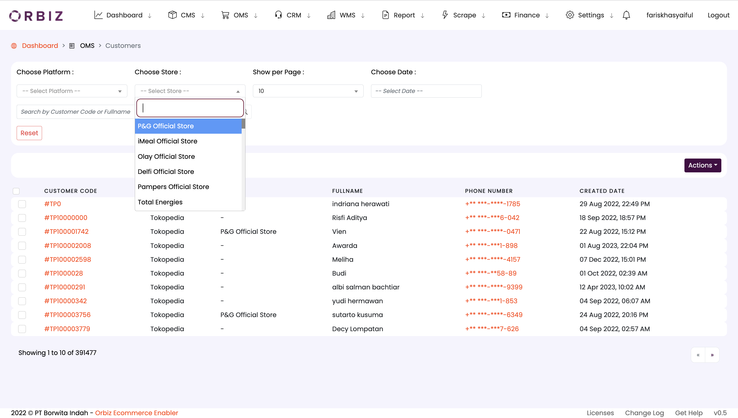 Customer List Choose Store