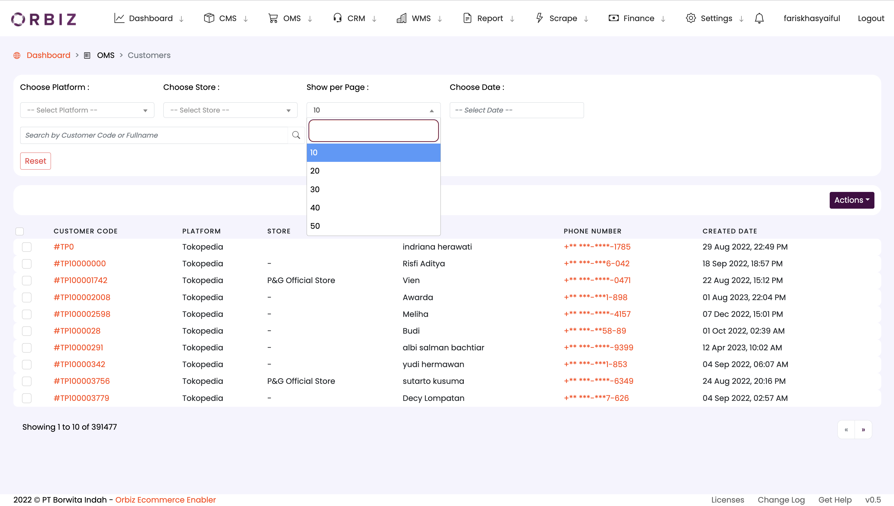 Customer List Show Per Page